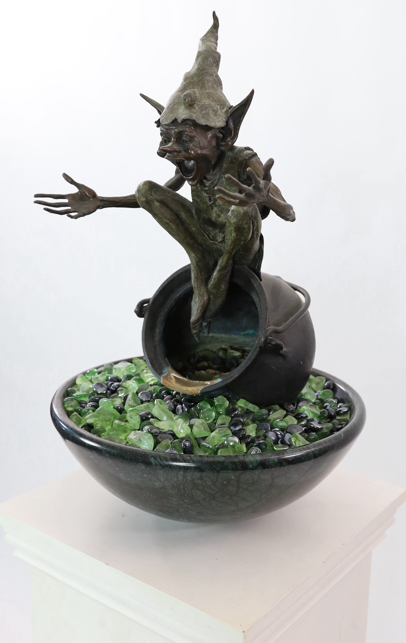 David Goode (British, b.1966). A bronze and marble water fountain ‘Jackpot’, height with marble bowl 61cm height overall 183cm